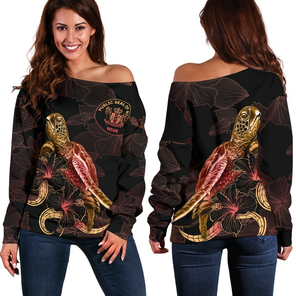 Niue Polynesian Women's Off Shoulder Sweater - Turtle With Blooming Hibiscus Gold Gold - Polynesian Pride