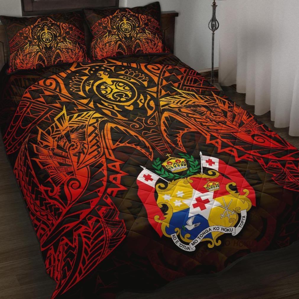 Tonga Polynesian Quilt Bed Set - Tonga Coat Of Arms & Red Manta Ray Turtle RED - Polynesian Pride