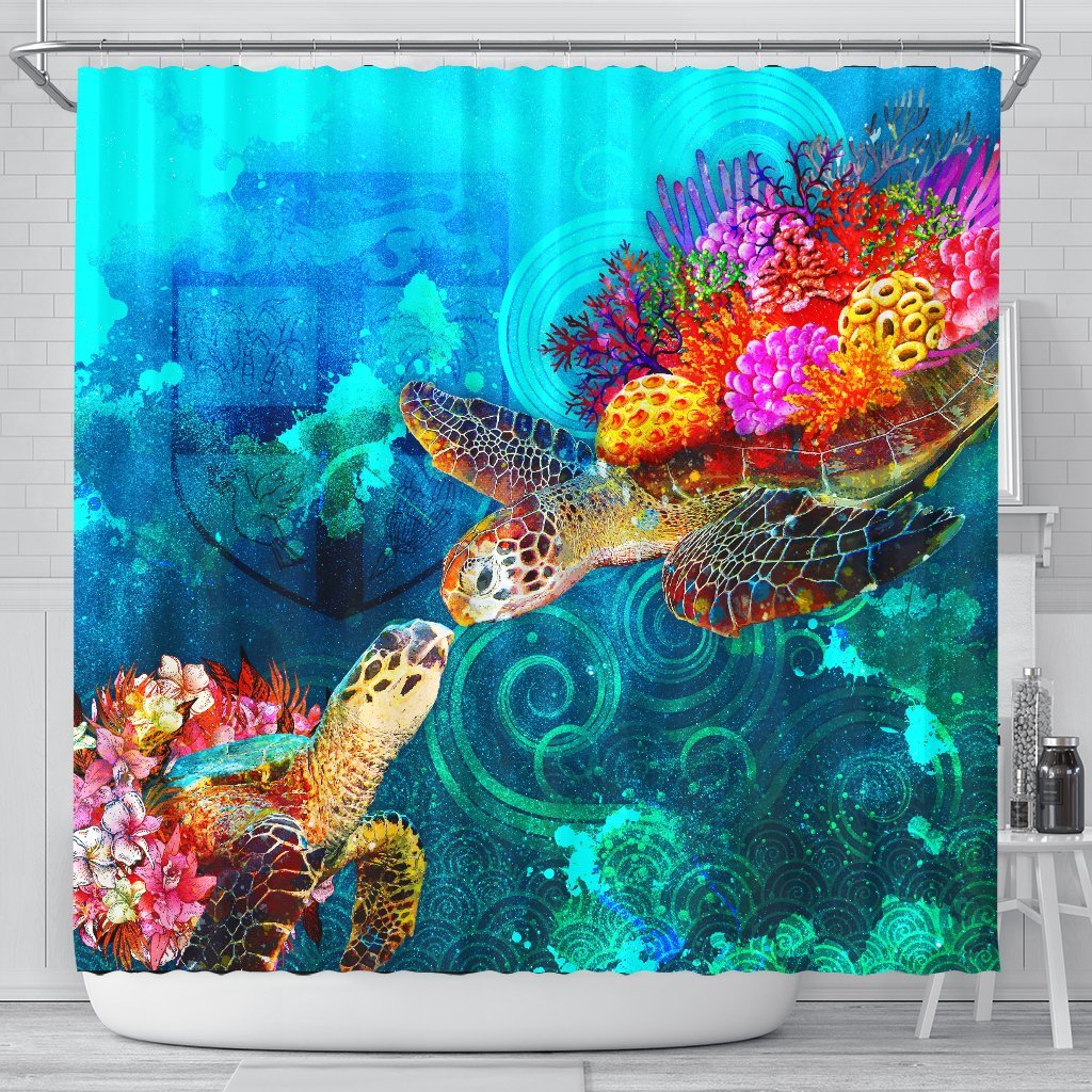 Fiji Shower Curtain - Sea Turtle Coral Treasure 177 x 172 (cm) BLACK - Polynesian Pride