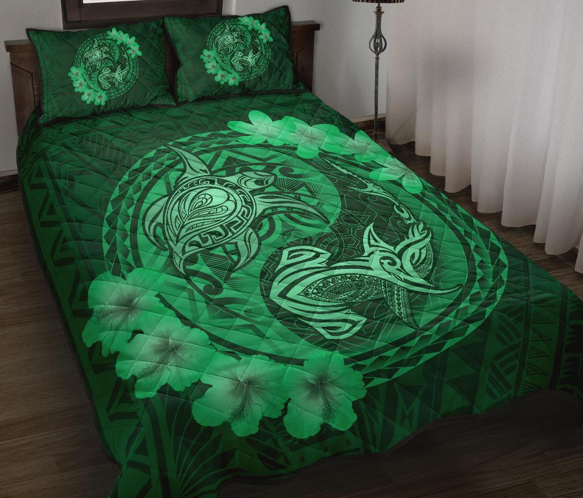 Hawaii Yin Yang Turtle Shark Hibiscus Plumeria Quilt Bed Set - Green Green - Polynesian Pride