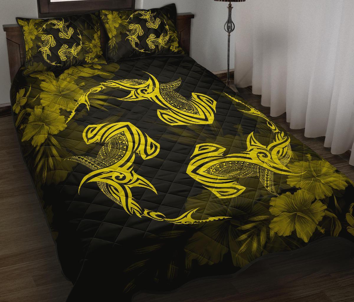 Hawaii Head Hammer Shark Hibiscus Yellow Quilt Bed Set - Polynesian Pride
