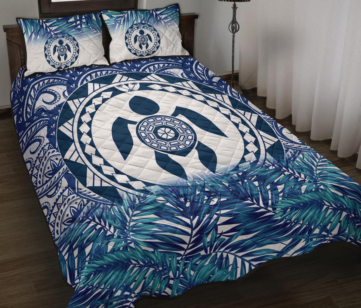 Polynesian Quilt Bed Set - Dark Blue Turtle Palm Gray Version Blue - Polynesian Pride