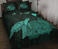 Hawaii Polynesian Hibiscus Turtle Map Quilt Bed Set - AH - Turquoise - Polynesian Pride