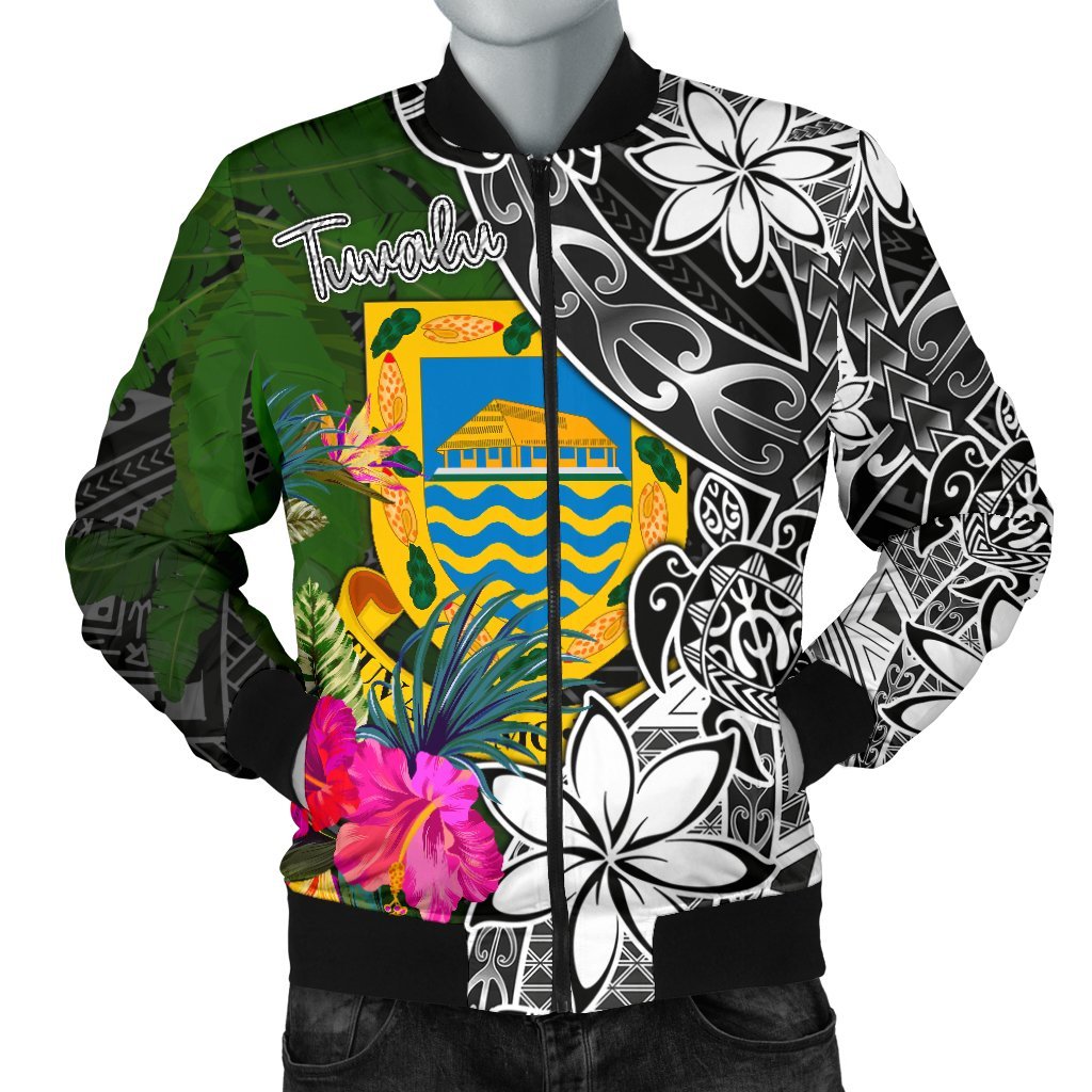 Tuvalu Men Bomber Jacket - Turtle Plumeria Banana Leaf Black - Polynesian Pride