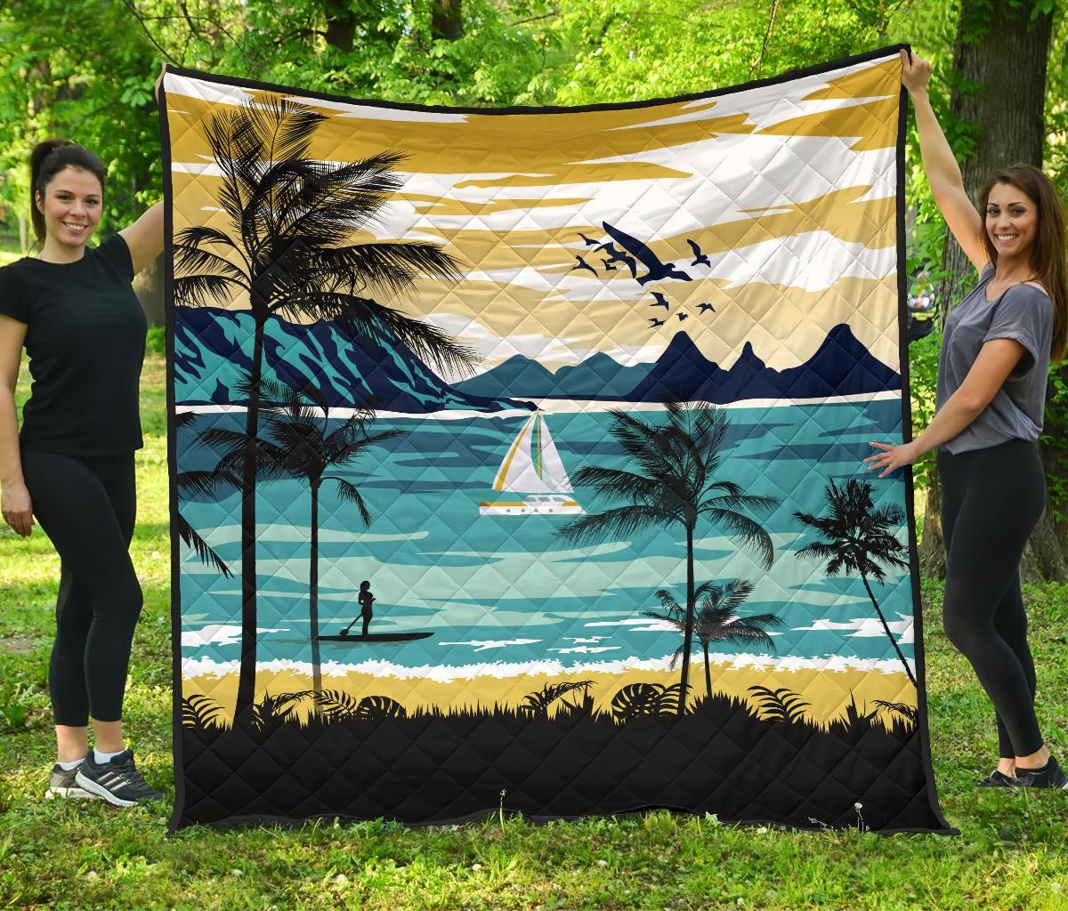 Hawaiian Poster View Classic Premium Quilt Blue - Polynesian Pride