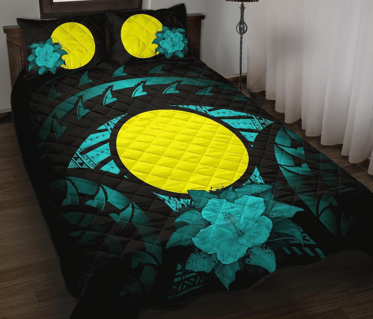 Palau Polynesian Quilt Bed Set Hibiscus Turquoise Black - Polynesian Pride