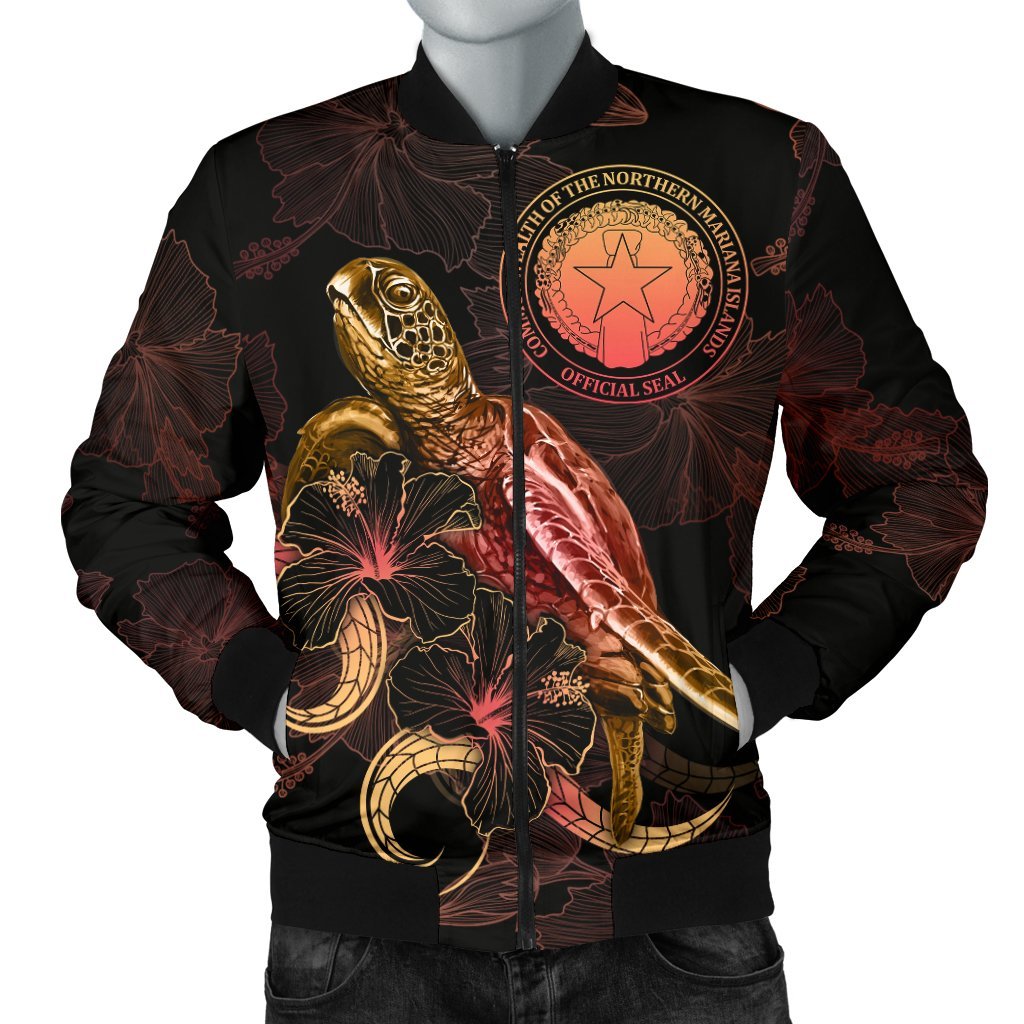 CNMI Polynesian Men's Bomber Jacket - Turtle With Blooming Hibiscus Gold Gold - Polynesian Pride