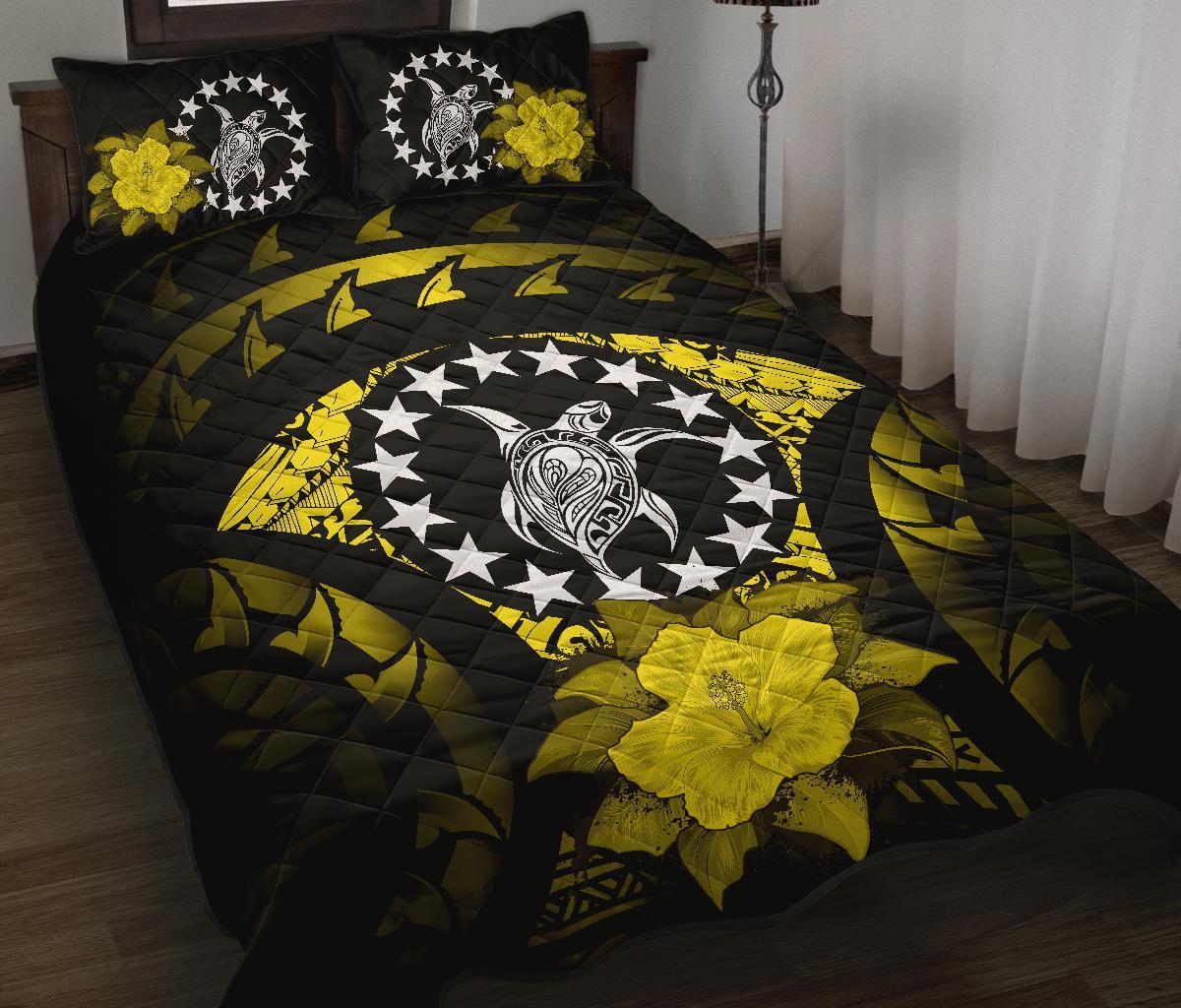 Cook Islands Polynesian Quilt Bed Set Hibiscus Yellow Black - Polynesian Pride