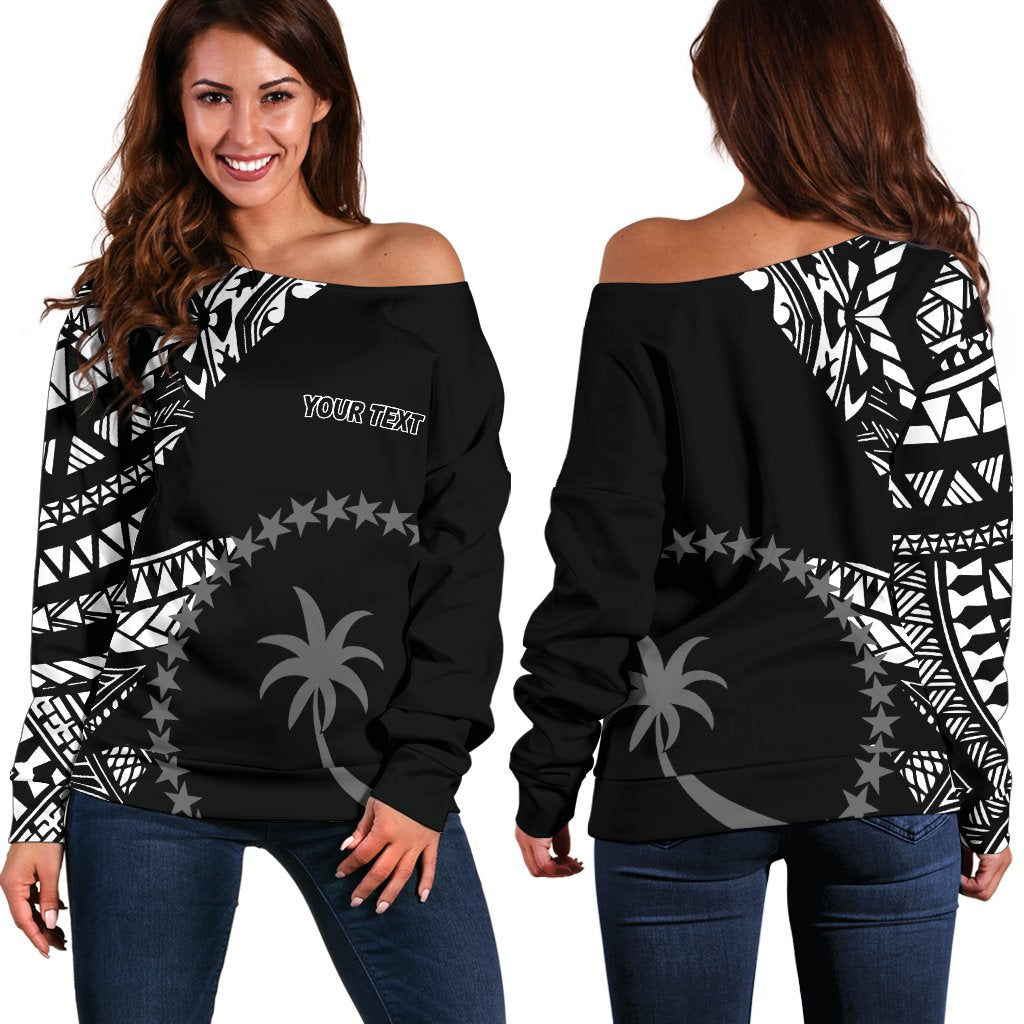 Chuuk Personalised Custom Women's Off Shoulder Sweater - Micronesian Pattern Flash Black Black - Polynesian Pride