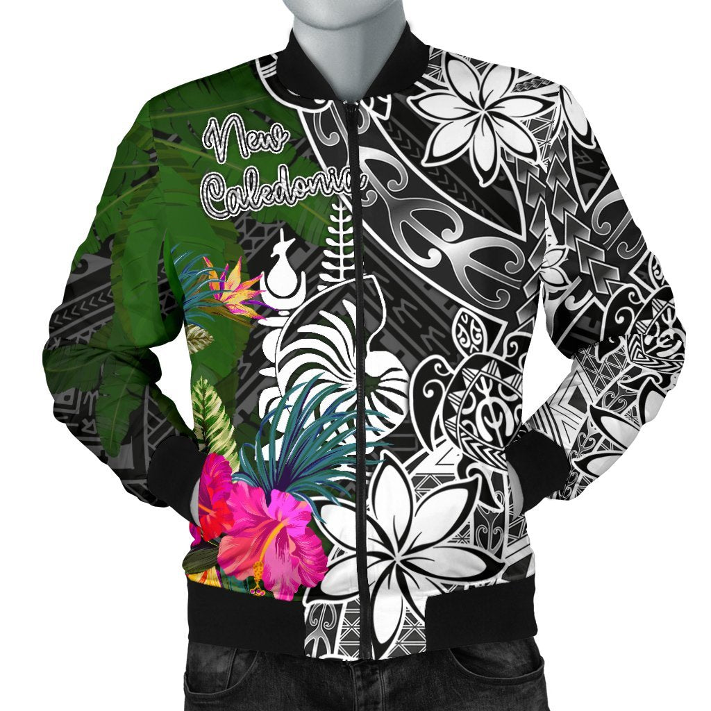 New Caledonia Men Bomber Jacket - Turtle Plumeria Banana Leaf Crest Black - Polynesian Pride