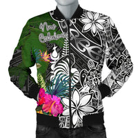New Caledonia Men Bomber Jacket - Turtle Plumeria Banana Leaf Crest Black - Polynesian Pride