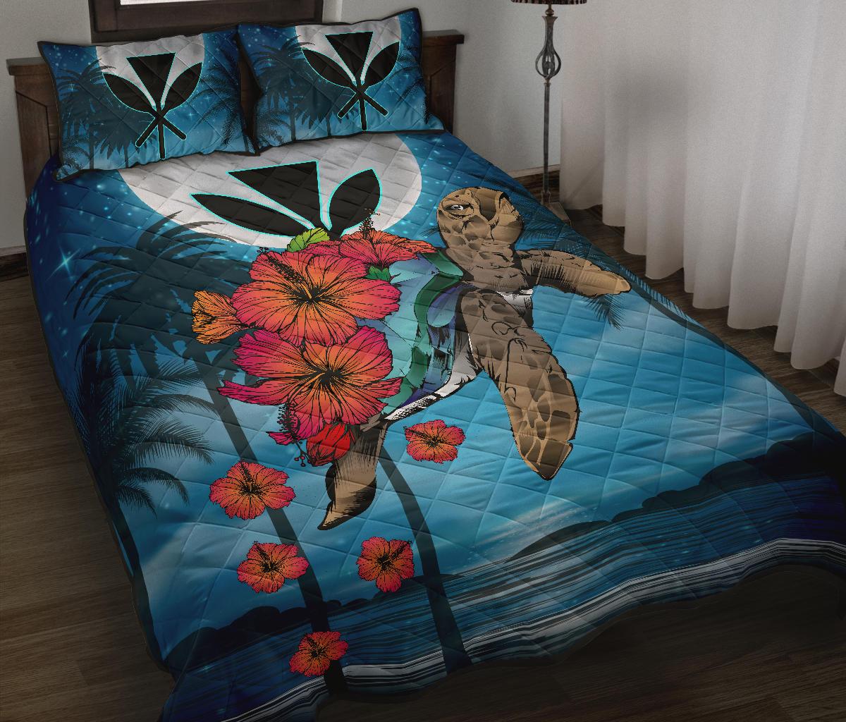 Hawaii Turtle Kanaka Hibiscus Stary Night Quilt Bed Set - Polynesian Pride