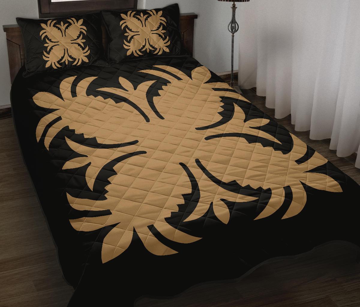 Hawaiian Quilt Bed Set Royal Pattern - Black And Gold - A2 Style Gold - Polynesian Pride