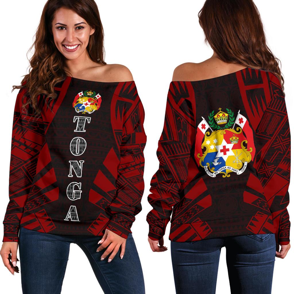 Tonga Women's Off Shoulder Sweater - Polynesian Tattoo Red Red - Polynesian Pride