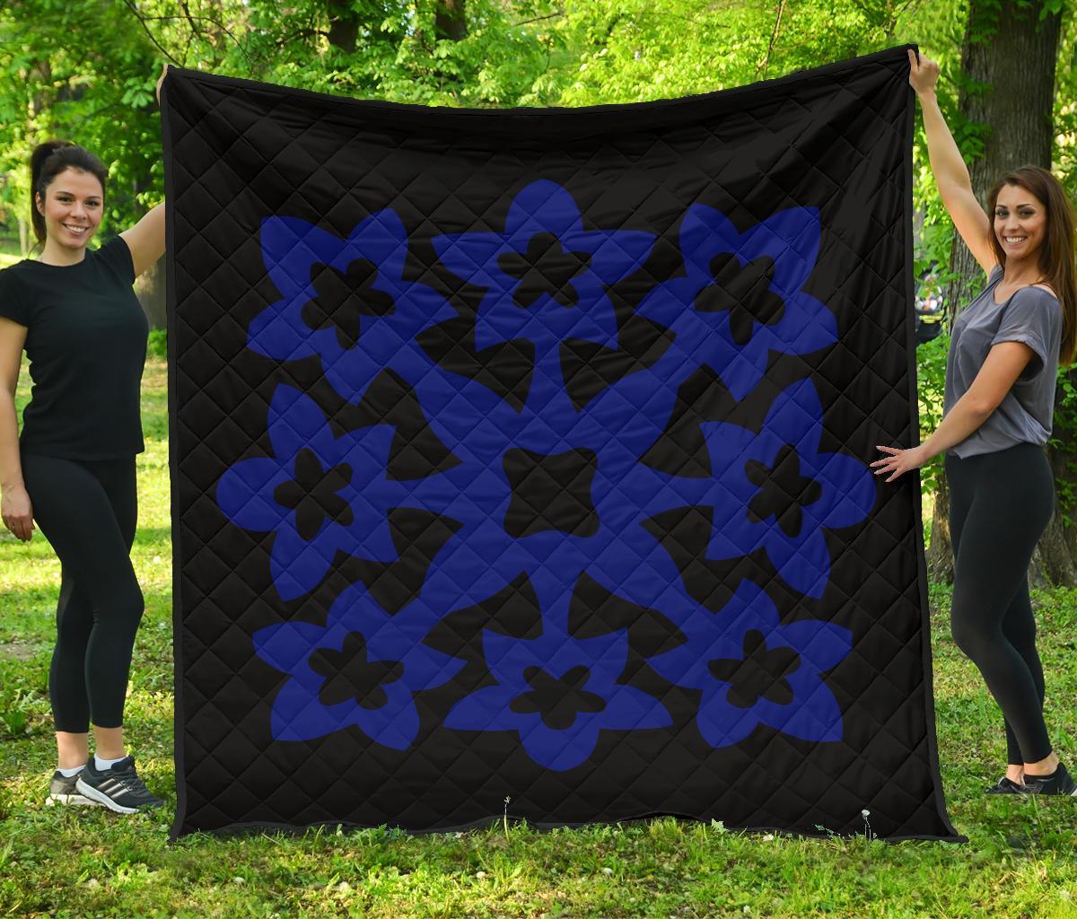 Hawaiian Premium Quilt Royal Pattern - Black And Blue - A1 Style Blue - Polynesian Pride