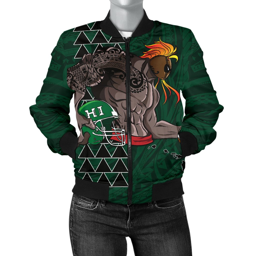 Kakau Hawaii Warrior Football Women's Bomber Jacket AH Green - Polynesian Pride