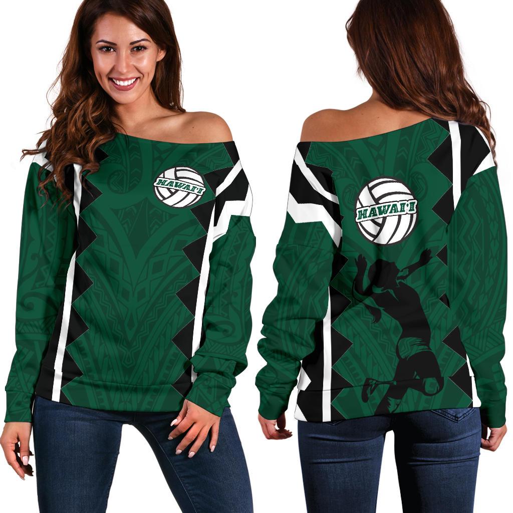 Hawaii Women's Volleyball Team Supporter - Women's Off Shoulder Sweater Green - Polynesian Pride