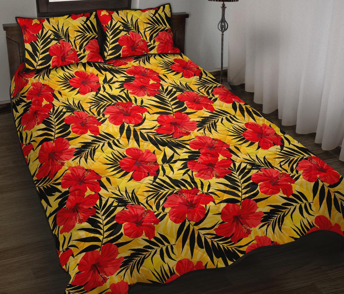 Hawaii Quilt Bed Set Tropical Flowers And Palm Leaves AH Black - Polynesian Pride