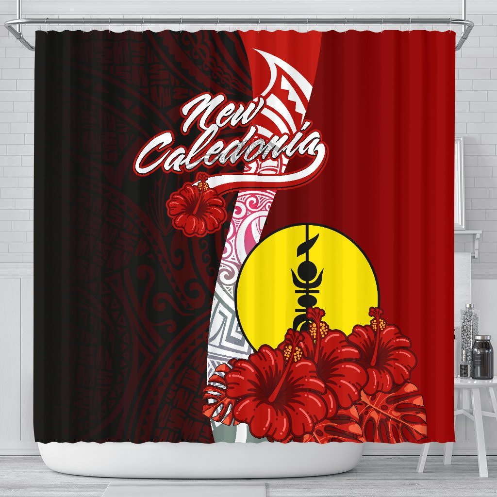 New Caledonia Polynesian Shower Curtain - Coat Of Arm With Hibiscus 177 x 172 (cm) Red - Polynesian Pride