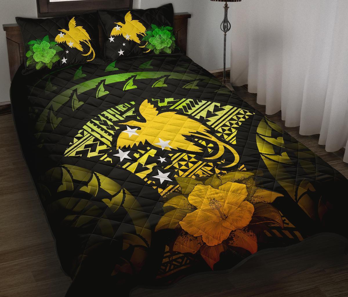 Papua New Guinea Polynesian Quilt Bed Set Hibiscus Reggae Black - Polynesian Pride