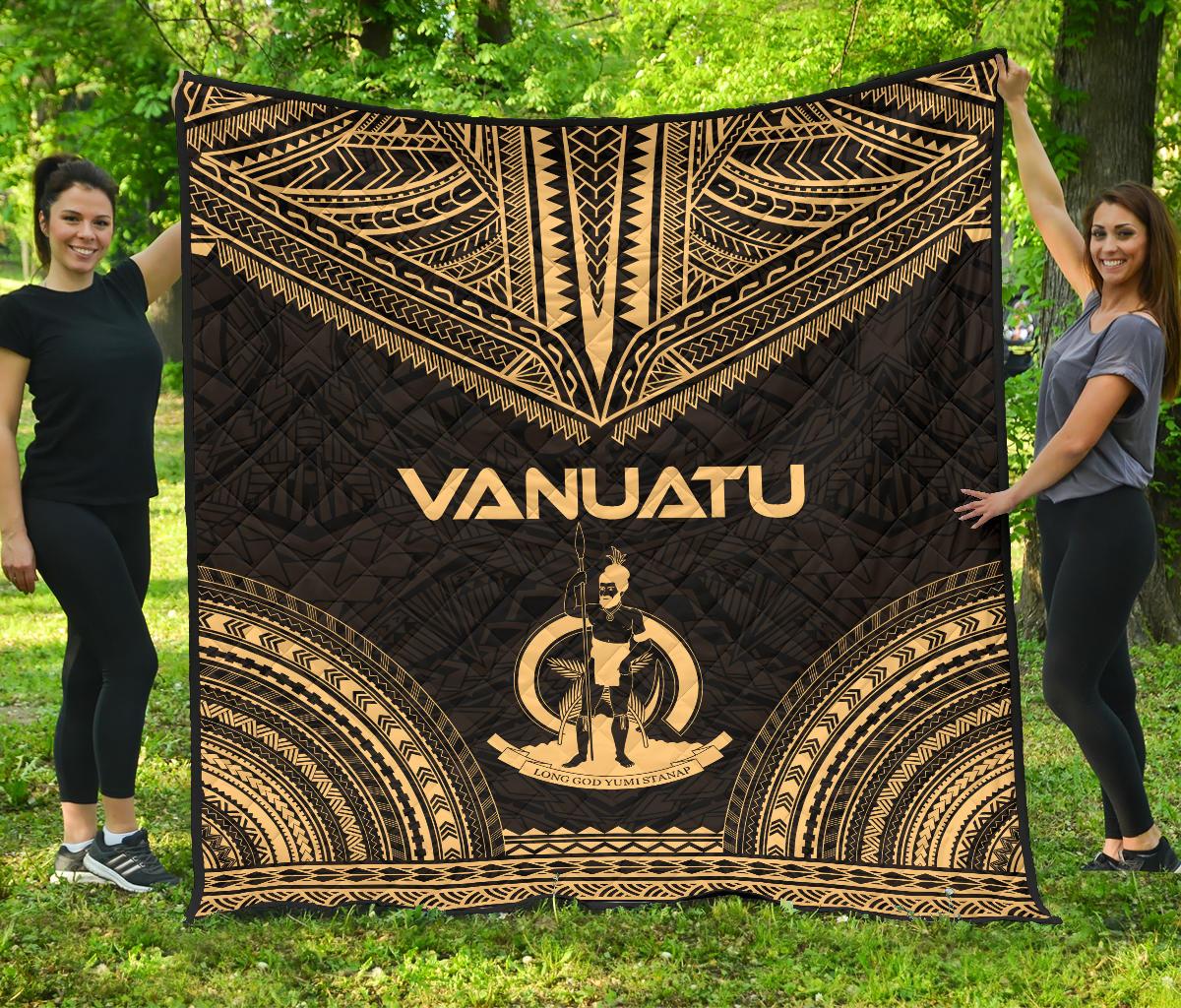 Vanuatu Premium Quilt - Vanuatu Coat Of Arms Polynesian Chief Gold Version Gold - Polynesian Pride