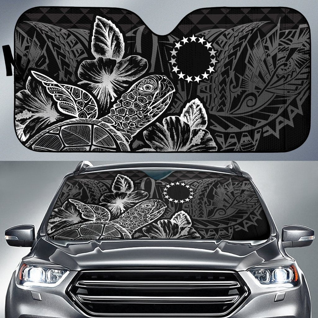 Cook Islands Auto Sun Shades Turtle Hibiscus Black Auto Sun Shade Universal Fit Black - Polynesian Pride
