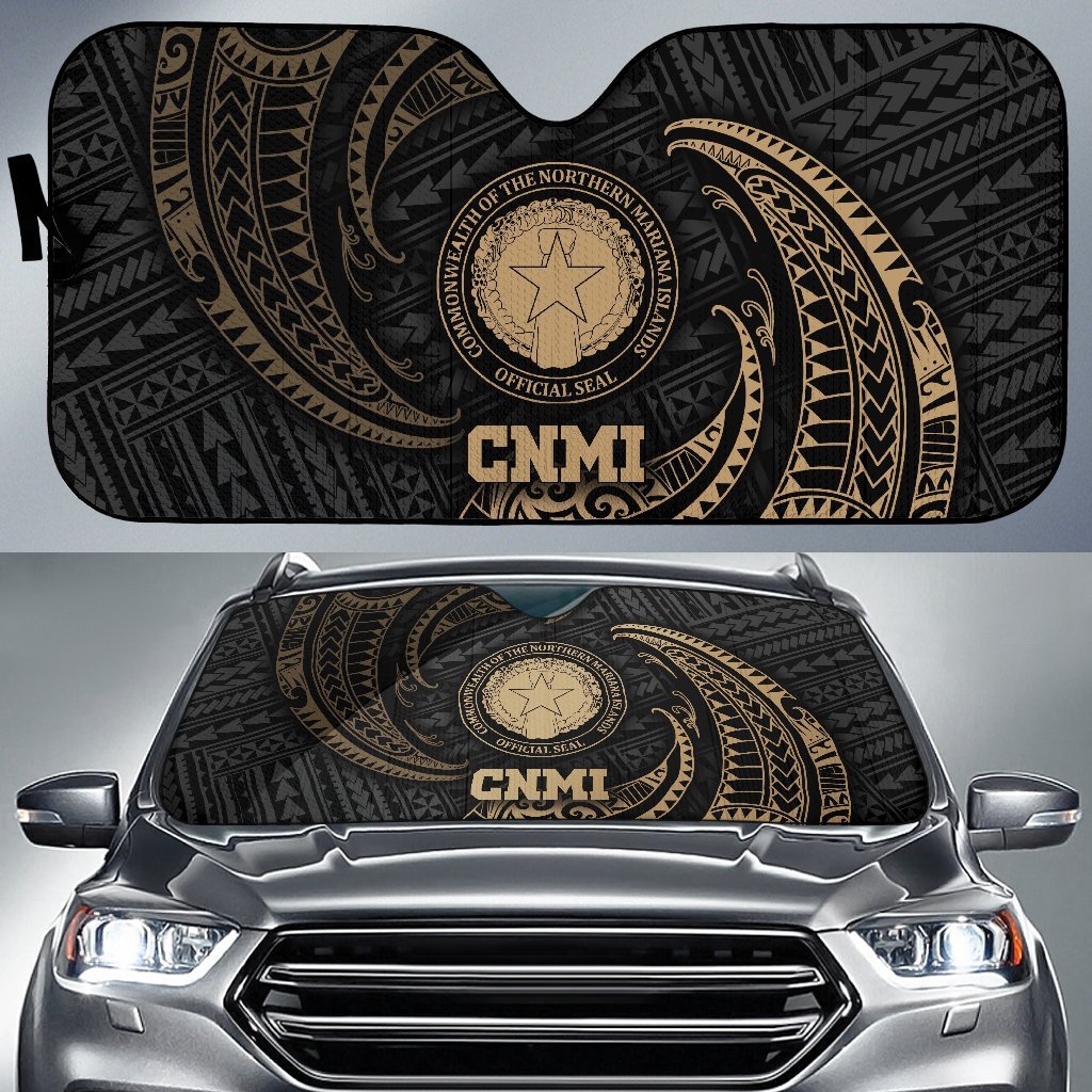 Polynesian Northern Mariana Islands Sun Shades - Gold Tribal Wave Auto Sun Shade Universal Fit Gold - Polynesian Pride