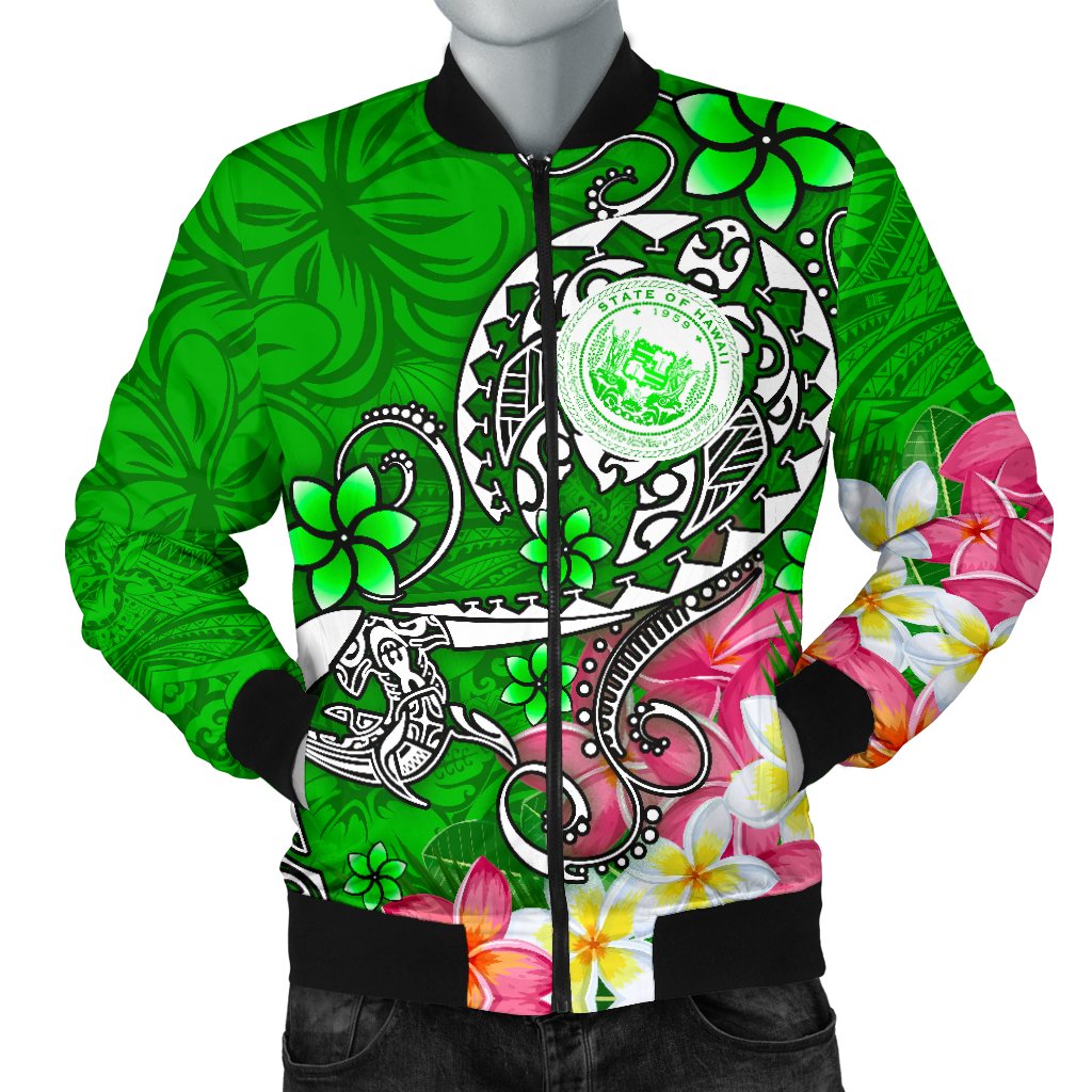 Hawaii Polynesian Men's Bomber Jacket - Hawaii Seal With Turtle Plumeria (Green) Green - Polynesian Pride