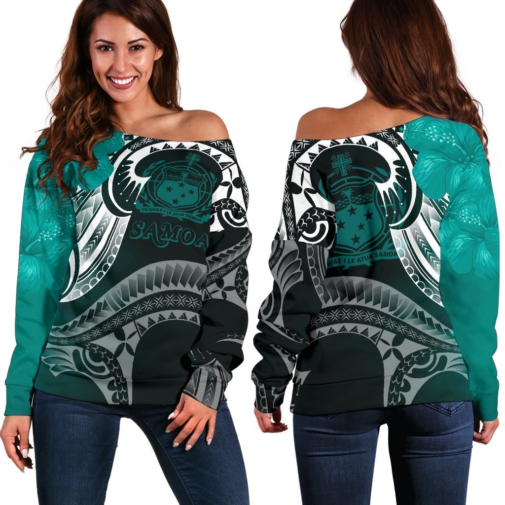 Samoa Women's Off Shoulder Sweater - Samoa Seal Wave Style (Green) Green - Polynesian Pride