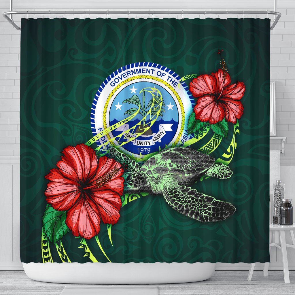 Federated States of Micronesia Polynesian Shower Curtain - Green Turtle Hibiscus 177 x 172 (cm) Green - Polynesian Pride