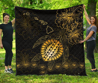Hawaiian Turtle Hibiscus - Premium Quilt - Flora Style Black - Polynesian Pride