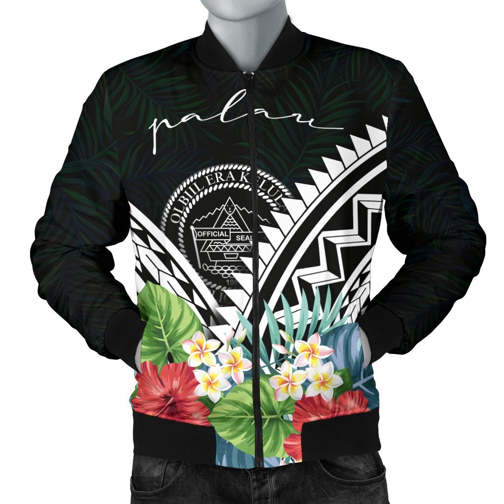 Palau Men's Bomber Jacket - Palau Caledonia Coat of Arms & Polynesian Tropical Flowers White White - Polynesian Pride