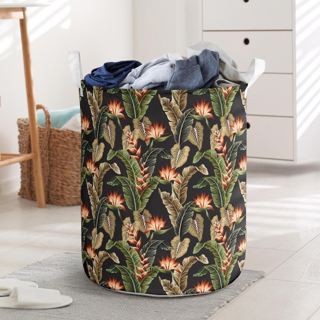 Hawaii Tropical Floral Vintage Strelitzia Flower Banana Leaves Hawaii Laundry Basket Laundry Basket One Size Black - Polynesian Pride