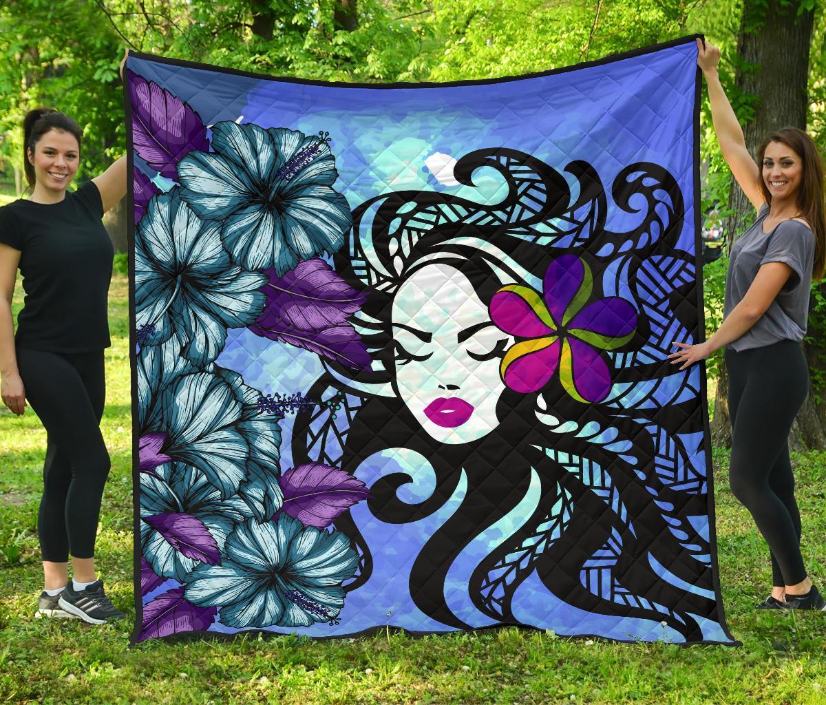 Hawaiian Hibiscus Polynesian Hula Girl Premium Quilt Blue - Polynesian Pride