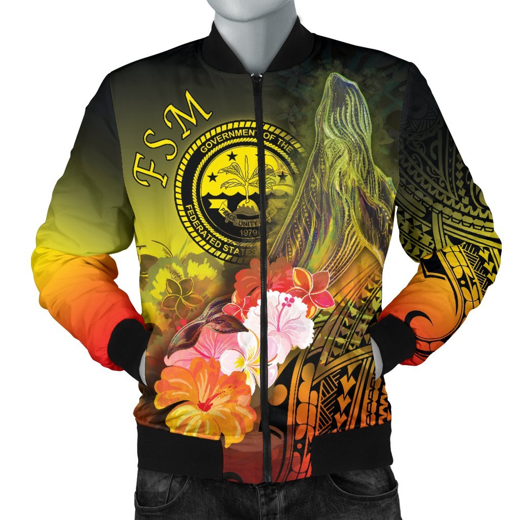 Federated States of Micronesia Men's Bomber Jacket - Humpback Whale with Tropical Flowers (Yellow) Yellow - Polynesian Pride