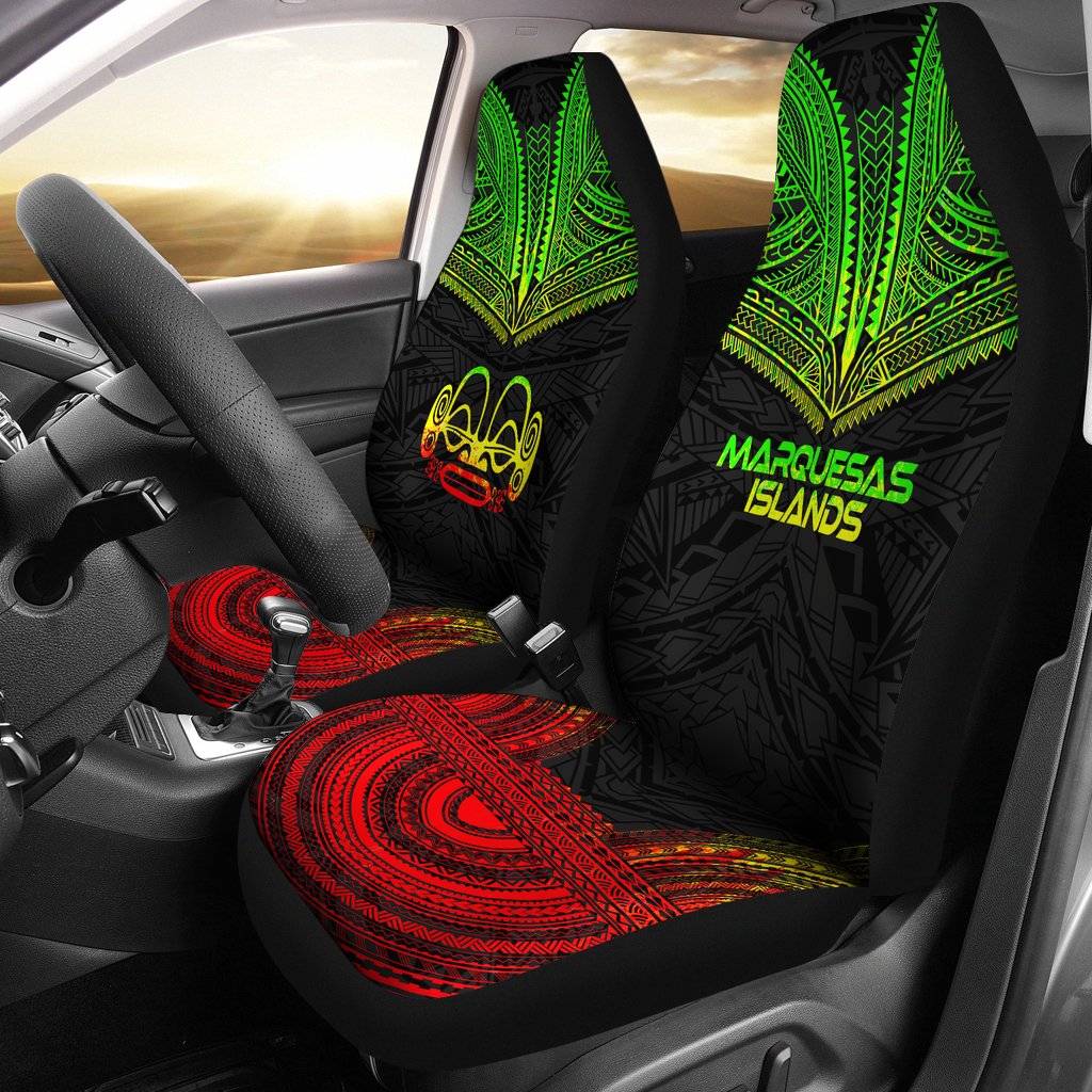 Marquesas Islands Car Seat Cover - Marquesas Islands Tiki Face Polynesian Chief Tattoo Reggae Version Universal Fit Reggae - Polynesian Pride