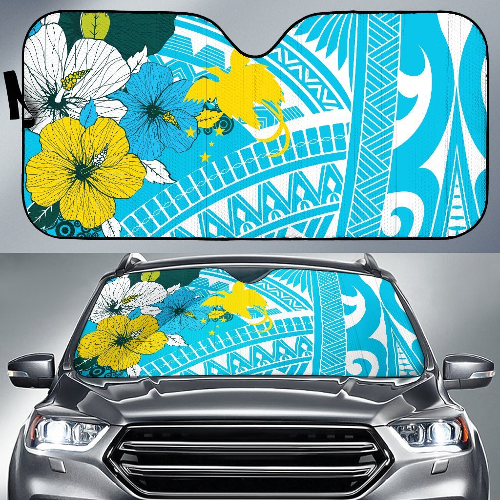 Papua New Guinea Auto Sun Shades - Polynesian Pattern Aquamarine Stone Color Auto Sun Shade Universal Fit Blue - Polynesian Pride