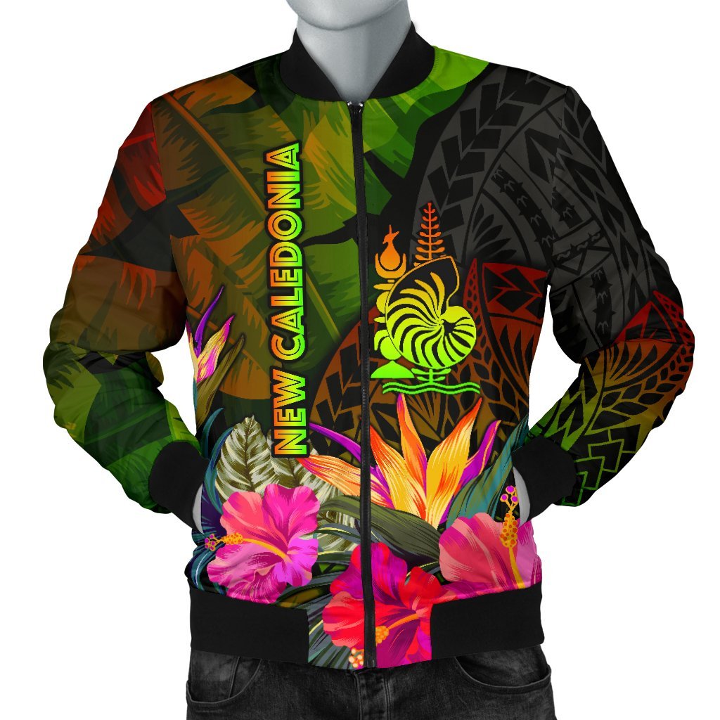 New Caledonia Polynesian Men's Bomber Jacket - Hibiscus and Banana Leaves Reggae - Polynesian Pride