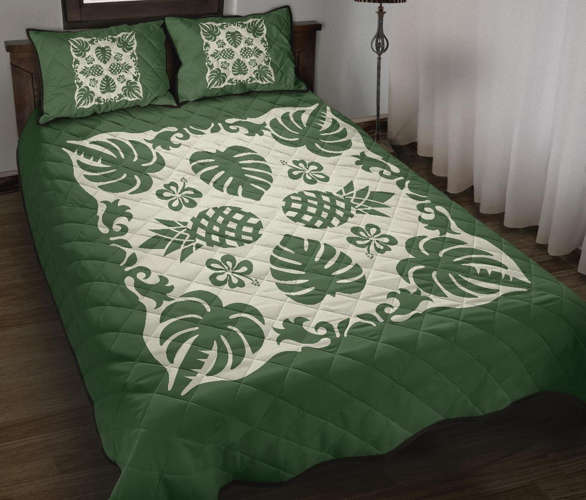 Hawaiian Quilt Bed Set Coconut Tree Pattern - Green - Polynesian Pride