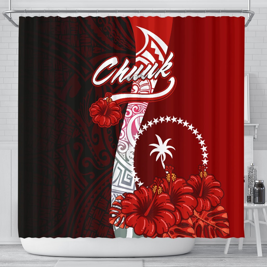 Chuuk Micronesia Shower Curtain - Coat Of Arm With Hibiscus 177 x 172 (cm) Red - Polynesian Pride