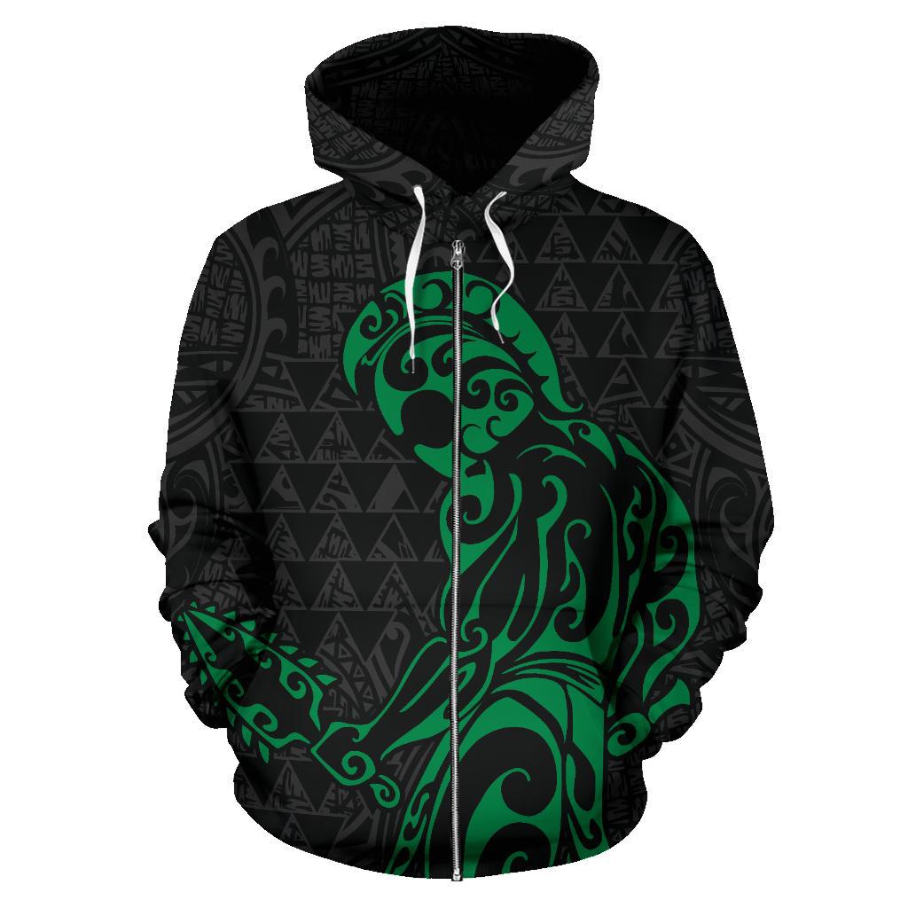 Polynesian Kakau Helmet Weapon Green Kanaka Warrior Hoodie (Zip) - Polynesian Pride