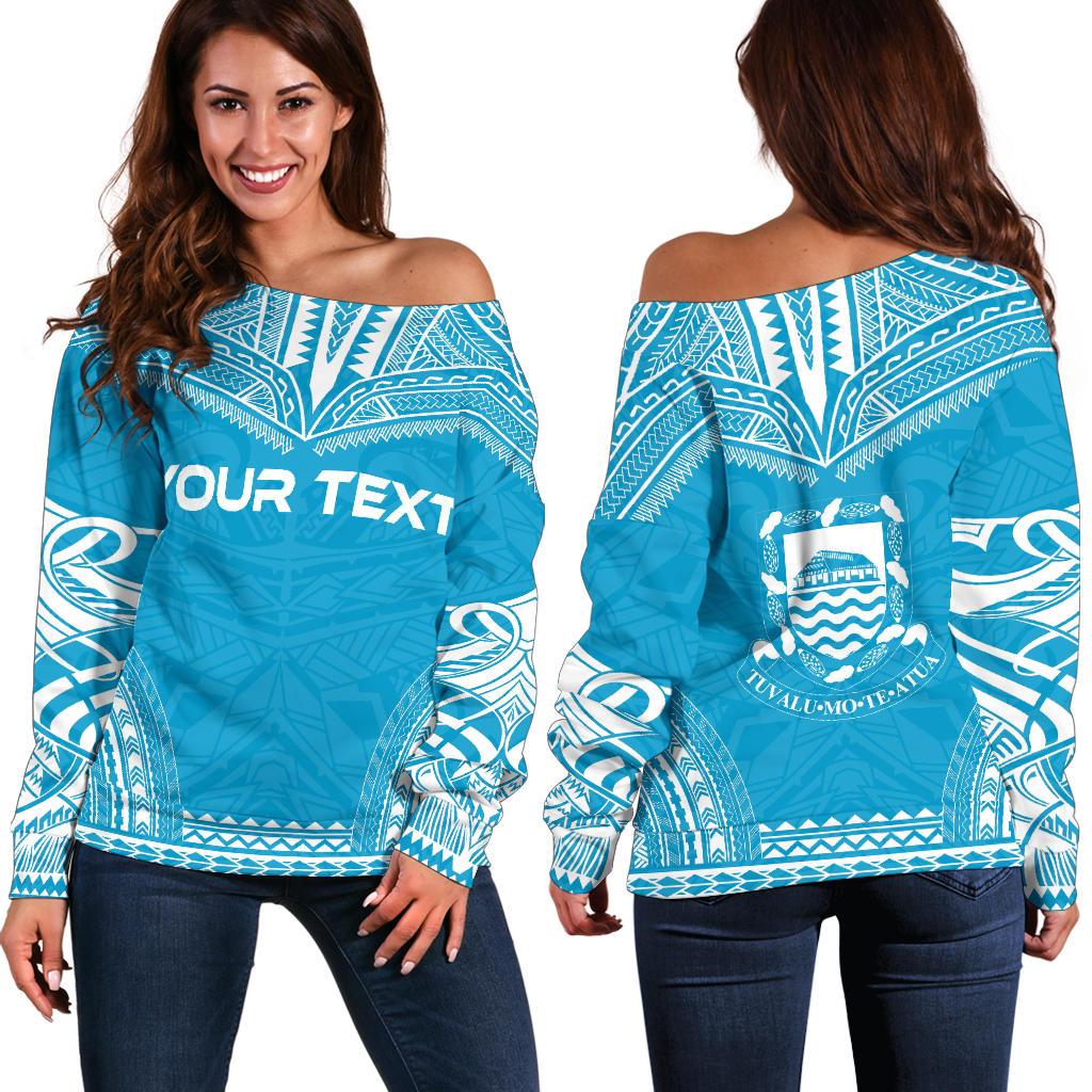 Tuvalu Polynesian Chief Custom Personalised Women's Off Shoulder Sweater - Flag Version Blue - Polynesian Pride