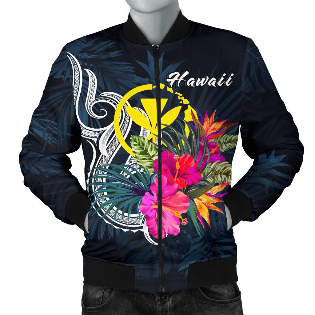 Hawaii Polynesian Men's Bomber Jacket - Tropical Flower Blue - Polynesian Pride