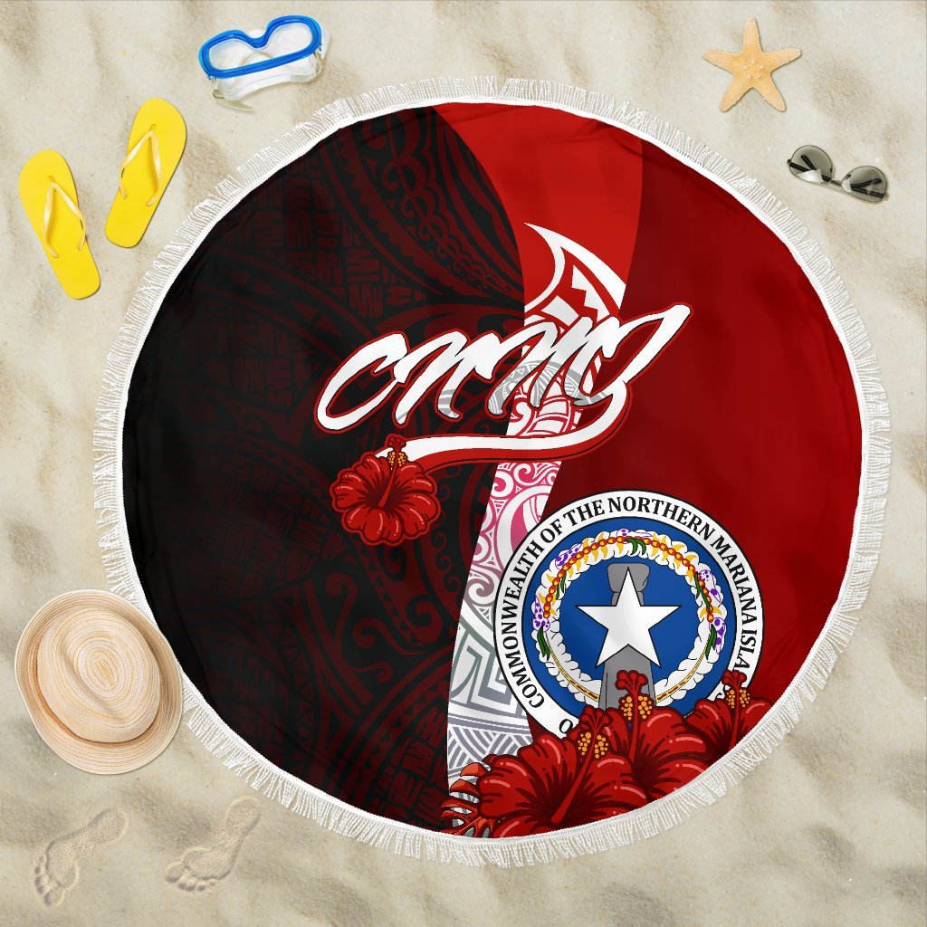 Northern Mariana Islands Polynesian Beach Blanket - Coat Of Arm With Hibiscus One style One size Red - Polynesian Pride