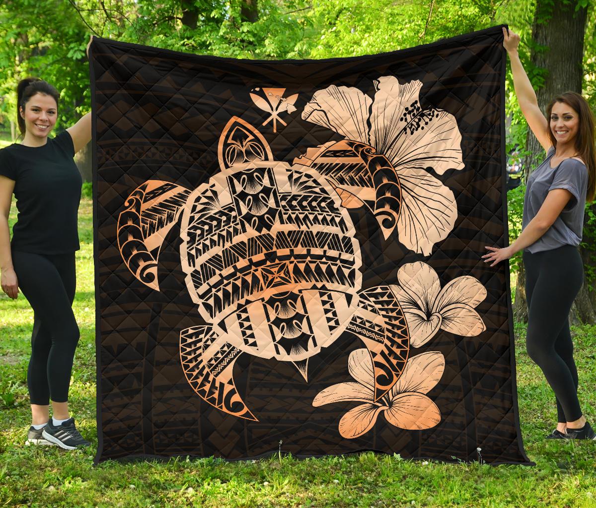 Hawaiian Kanaka Hibiscus Plumeria Mix Polynesian Turtle Premium Quilt Orange AH Orange - Polynesian Pride