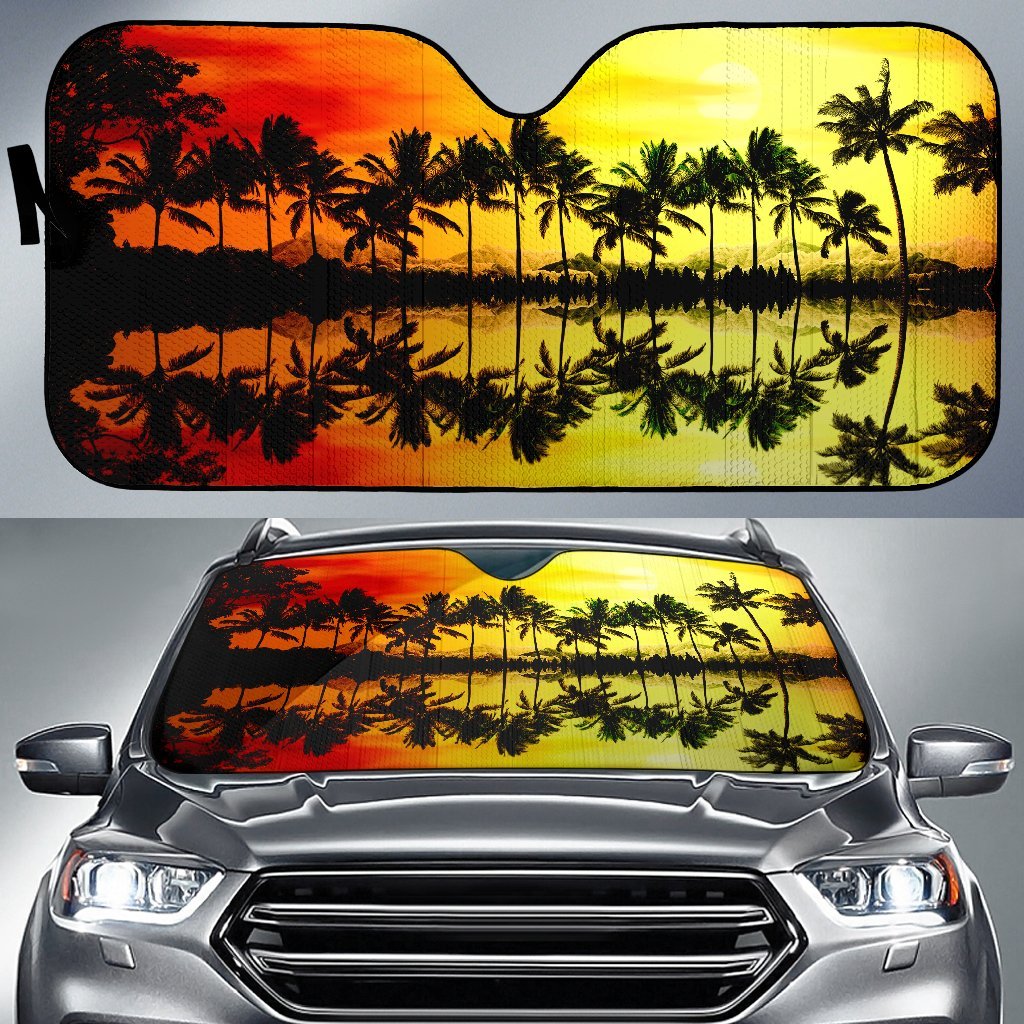 Sunrise With Tropical Palm Trees Car Sun Shade Auto Sun Shade Universal Fit Green - Polynesian Pride