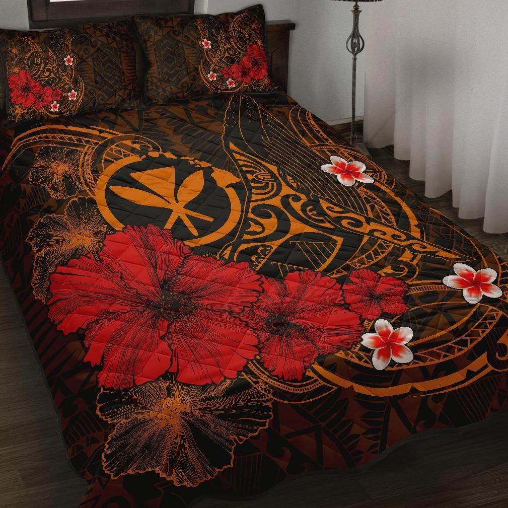 Polynesian Hawaii Kanaka Maoli Quilt Bed Set - Humpback Whale with Hibiscus (Golden) Golden - Polynesian Pride