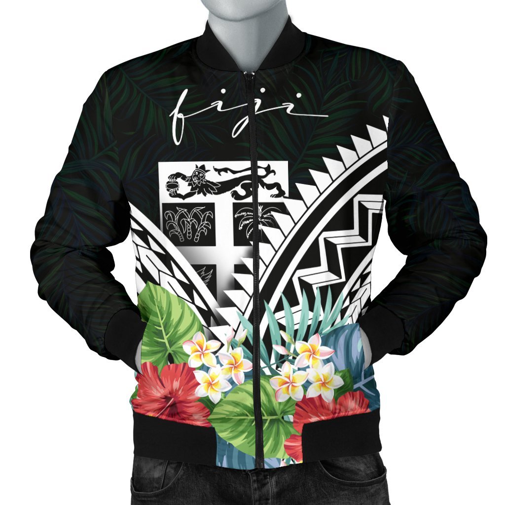 Fiji Men's Bomber Jacket - Fiji Coat of Arms & Polynesian Tropical Flowers White White - Polynesian Pride