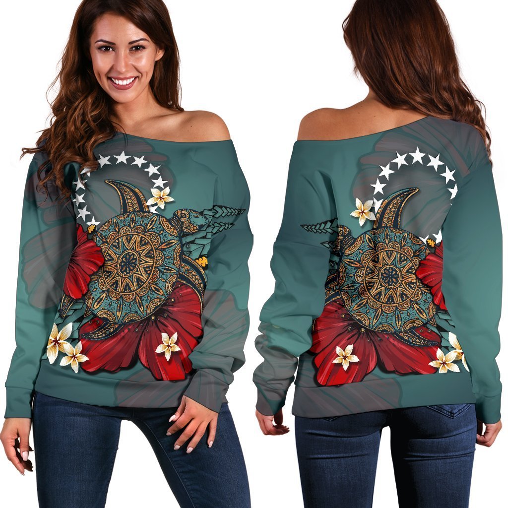 Cook Islands Women's Off Shoulder Sweater - Blue Turtle Tribal Red - Polynesian Pride
