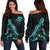 Tuvalu Polynesian Women's Off Shoulder Sweater - Turtle With Blooming Hibiscus Turquoise Turquoise - Polynesian Pride